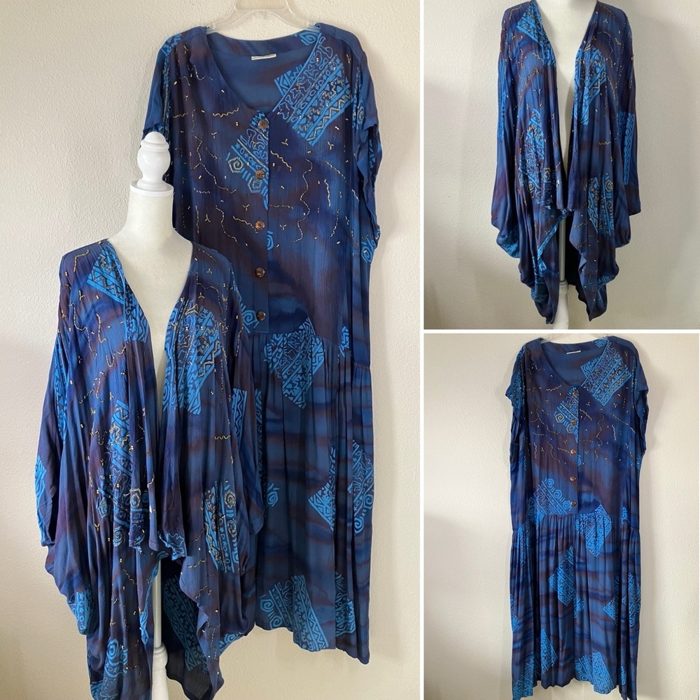 ANA MORI Batik Dress Set Batwing Jacket Oversized Hippie Boho Artsy S M L XL